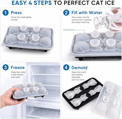 Cat Ice Cube Tray Mold - 3D Cat Shape Ice Cube Trays, Cute Ice Cube Molds for Whiskey Bourbon, 4-Hole Large Fun Shapes Ice Cube Trays, Funny Cats Gifts for Animals Lovers Women Men