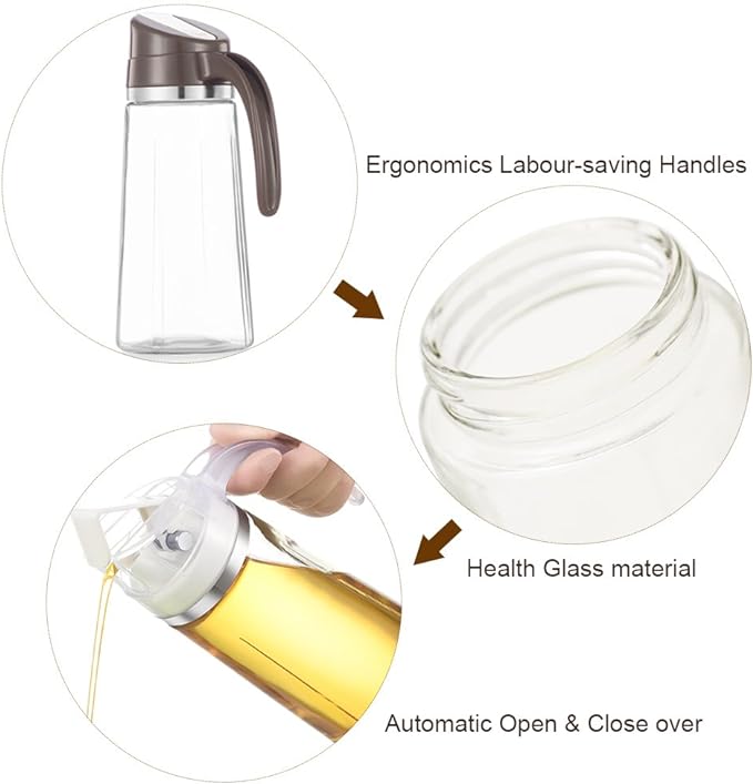 Marbrasse Auto Flip Olive Oil Dispenser Bottle,20 OZ Leakproof Condiment Container With Automatic Cap and Stopper,Non-Drip Spout,Non-Slip Handle for Kitchen Cooking Brown - Image 4