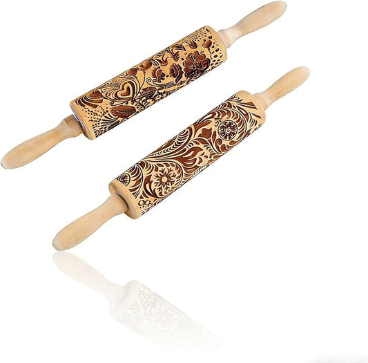 2 Pack Wooden Embossed Rolling Pin with Handles, Hardwood Dough Roller with Engraved Patterns, Kitchen Essential for Baking Pizza, Pies, Pastry, Cookies & Decorative Dough