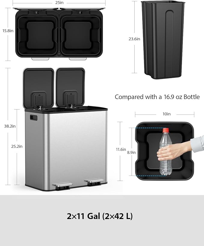 Lovewind Dual Trash and Recycling Bins for Kitchen, 2 * 11-Gallon Stainless Steel Double Trash Can, Step-On Garbage and Recycle Combo, Quiet Close, Pet-Proof, Compatible with 13-Gallon Bags, Silver - Image 7