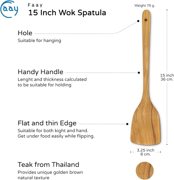 FAAY 15 Inches Wok Spatula, Long Handle Stir fry Paddle, Turner, Handcrafted from High Moist Resistance Teak Wood for Non Stick Cookware - Image 2