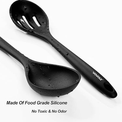 Silicone Spoons for Cooking - Kitchen Spoons for Mixing, Serving, & Stirring - 600°F Heat-Resistant Non Stick Utensils Ladle & Skimmer- Dishwasher Safe, Black,10.3IN