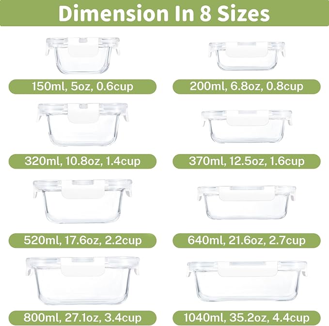 HOMBERKING 8 Pack Glass Food Storage Containers with Lids, Meal Prep Containers, Airtight Bento Boxes with Leak Proof Locking for Microwave, Oven, Freezer and Dishwasher, BPA Free, 5-35oz, white - Image 2