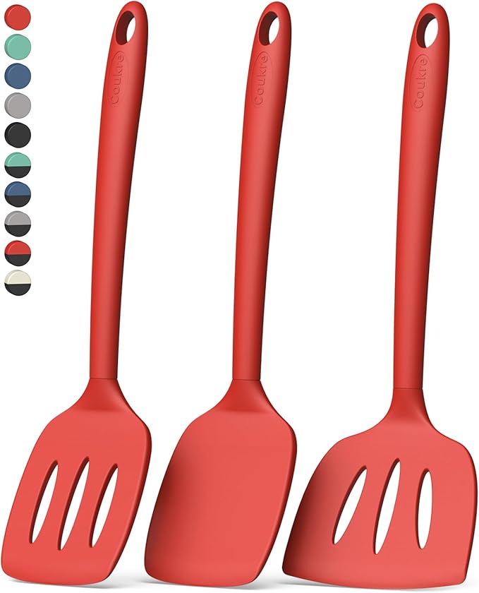 Coukre 3 Pack Silicone Spatula Set, High Heat Resistant, BPA-Free, Fish Spatula, Solid & Slotted Turner for Non-Stick Pans, Flipping Eggs, Pancakes, Fish, Burgers (3, PureRed) by Coukre