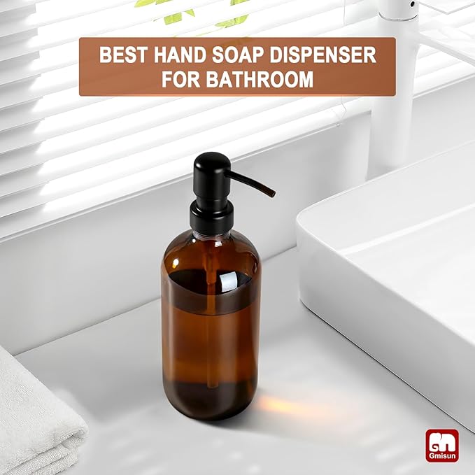 GMISUN Amber Glass Soap Dispenser, 1 Pack Dish Soap Dispensers for Kitchen with Rustproof Stainless Steel Pump, 17 Fl Oz Bathroom Hand Soap Dispenser, Brown Liquid Dishwashing Dispensers Bottle - Image 5