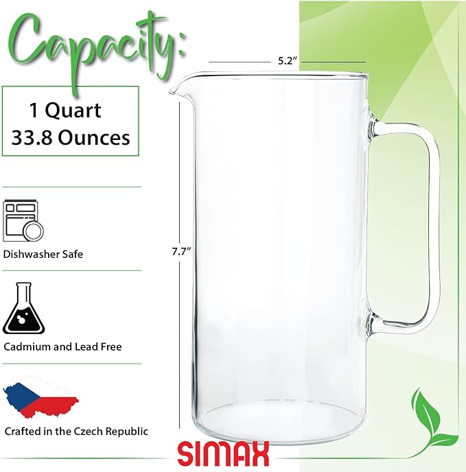 Simax Glass Pitcher, 32 Ounce (1 Quart) Borosilicate Glass, Hot and Cold Safe Iced Tea Pitchers for Drinks, Made in Europe Glass Water Pitcher, Cocktail Jug, Lemonade, Sangria - Image 2