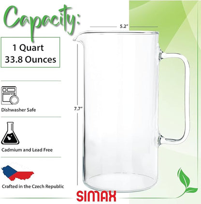 Simax Glass Pitcher, 32 Ounce (1 Quart) Borosilicate Glass, Hot and Cold Safe Iced Tea Pitchers for Drinks, Made in Europe Glass Water Pitcher, Cocktail Jug, Lemonade, Sangria - Image 2