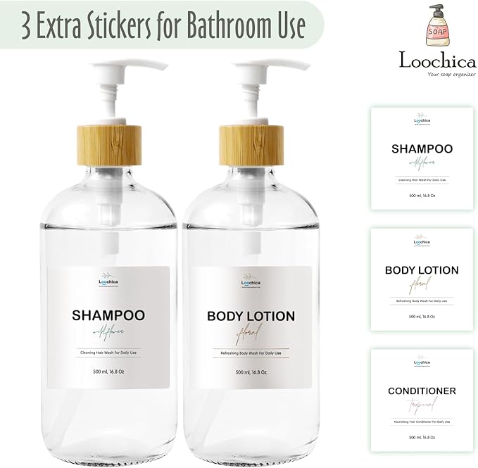 LOOCHICA 2 Pack Clear Glass Soap Dispenser with Plastic Pump, Transparent Dish and Hand Soap Dispenser Set, Refillable Reusable Apothecary Soap Pump Dispenser Bottles for Bathroom and Kitchen - Image 5