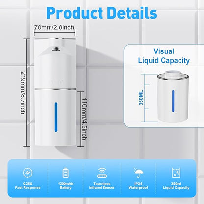 Fantictas Automatic Soap Dispenser,Touchless Hand Wall Mount Rechargeable 3 Gear Adjustable Electric Soap Dispenser 350ml with Infrared Motion Sensor for Bathroom,Kitchen,Office, White Foam