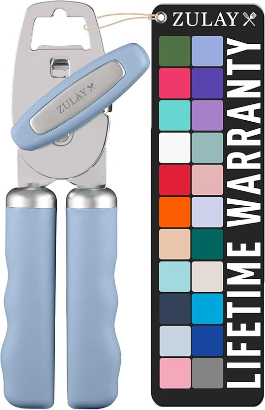 Zulay Kitchen Heavy Duty Stainless Steel Can Opener Manual with Bottle Opener - Rust Proof Manual Can Opener With Turn Knob & Comfy Soft Grip Handles - Light Blue by ZulayKitchen