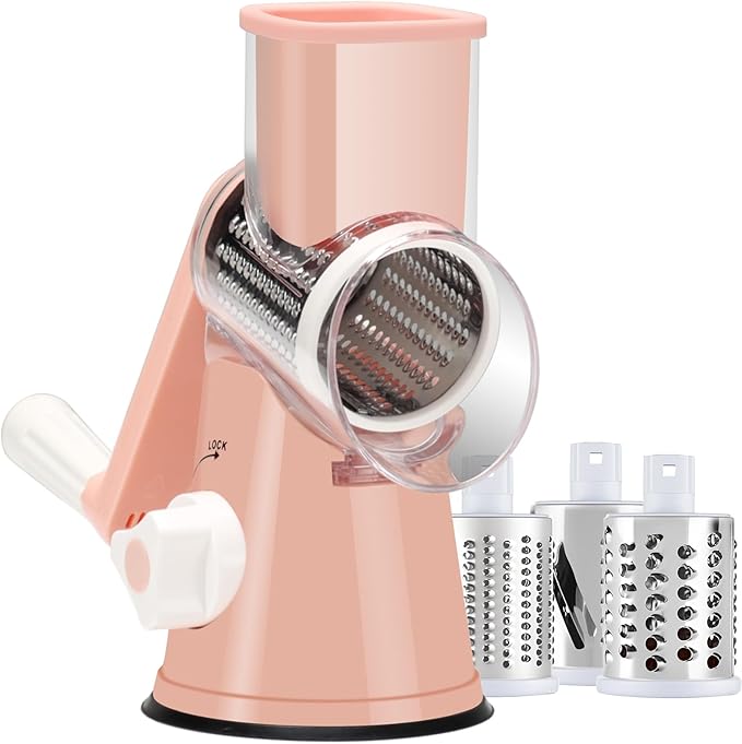 Rotary Cheese Grater with Handle, Round Mandoline Speed Kitchen Slicer, 3 in 1 Multifunctional Vegetable Shredder Manual Nut Grinder for Nuts, Potato, Carrot, Cucumber (Pink) by Ancevsk
