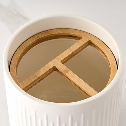 JIEMEI HOME Utensil Holder, 7.2" Large Ceramic Stable Utensil Crock for Kitchen Counter, Utensil Holder with Cork Mat, Removable Bamboo Divider for Easy, Kitchen Decor, White - Image 2
