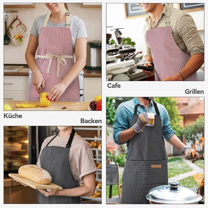 NLUS 2 Pack Kitchen Cooking Aprons, Adjustable Bib Soft Chef Apron with 2 Pockets for Men Women (Black Pinstripes/Pink Pinstripes) - Image 7