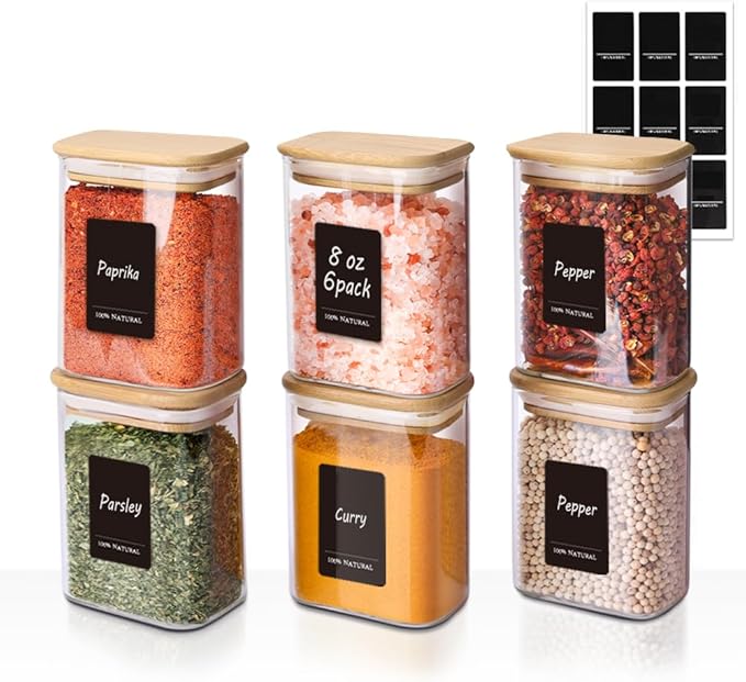 Comsaf Spice Jars with Label，8 oz Small Glass Jars with Lids, 6 Pcs Seasoning Containers, Rectangle Glass Containers with Lids, Empty Seasoning Jars for Pantry Storage, Loose Tea, Herbs, Powders, Salt by ComSaf