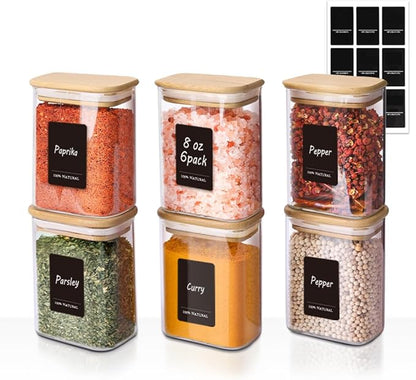 Comsaf Spice Jars with Label，8 oz Small Glass Jars with Lids, 6 Pcs Seasoning Containers, Rectangle Glass Containers with Lids, Empty Seasoning Jars for Pantry Storage, Loose Tea, Herbs, Powders, Salt by ComSaf