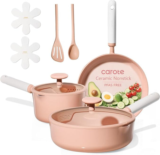CAROTE Ceramic Cookware Set Nonstick, 9pcs Pots and Pans Set Non stick, Non-Toxic & PFAS-Free,Dishwasher, RV/Camping Cookware Set,Sauce Pan with Lid, Pink by CAROTE