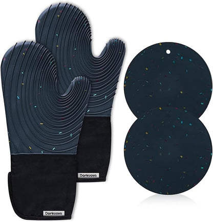 Silicone Oven Mitts,Cotton Lined Gloves, BPA-Free, Long Cooking Mitts and Trivet Mats, Oven Mitts Set for BBQ, 4 Pieces (Dark Grey) by Dorkuovahome