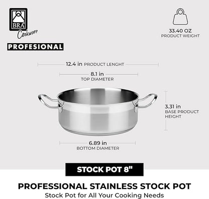 BRA COOKWARE Profesional 18/10 Stainless Steel Stock Pot w/Glass Lid | 8 Inch 2.4 Quart Professional Cooking Pot | 5.5mm Thick Base | PFOA Free Deep Pot | All Cooktops | All Cooktops & Oven Safe
