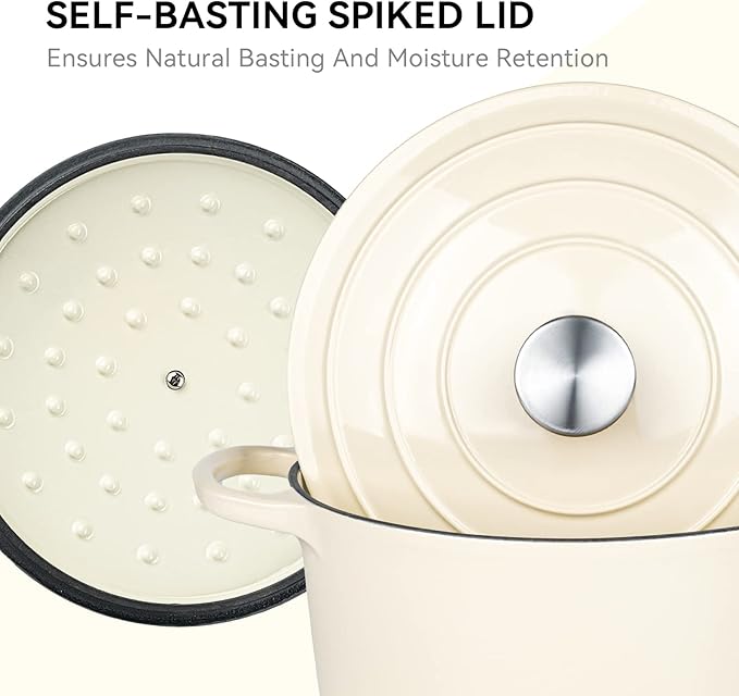 Miereirl 6 Quart Enameled Dutch Oven Pot with Lid, Cast Iron Dutch Oven with Dual Handles for Bread Baking, Cooking, Non-stick Enamel Coated Cookware (Beige) - Image 5