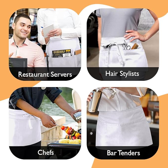 Avalon Kitchen Server Aprons with 3 Pockets, 100% Polyester Waist Apron with Pockets, 24x12 Inche Waitress Apron with Pockets