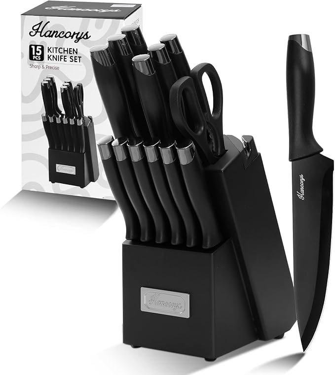 Knife Sets for Kitchen with Block, 15 Pieces Chef Knife Set with Self Sharpening, Stainless Steel Nonstick Ceramic Anti-Rust Coating Blades, Ergonomic Handle, Black Grey