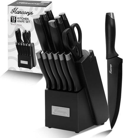 Knife Sets for Kitchen with Block, 15 Pieces Chef Knife Set with Self Sharpening, Stainless Steel Nonstick Ceramic Anti-Rust Coating Blades, Ergonomic Handle, Black Grey