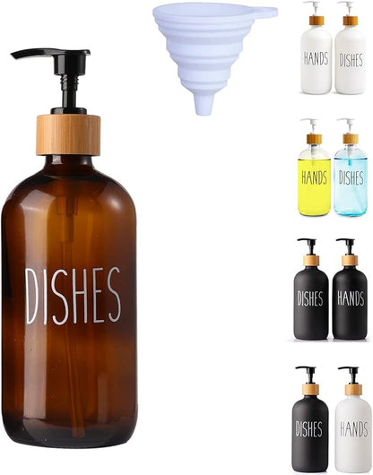 LOOCHICA Dish Amber Glass Soap Dispenser with Plastic Pump, 16 Oz Brown Dish Soap Dispenser Set Refillable Reusable Apothecary Soap Pump Dispenser Bottles for Bathroom and Kitchen by Loochica