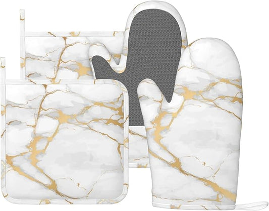 Oven Mitts and Pot Holders Marble White Gold Silicone Kitchen Accessories Set of 4 Heat Resistant Long Gloves Potholder Non-Slip Grip for Chef Cooking,Baking,Grilling,BBQ