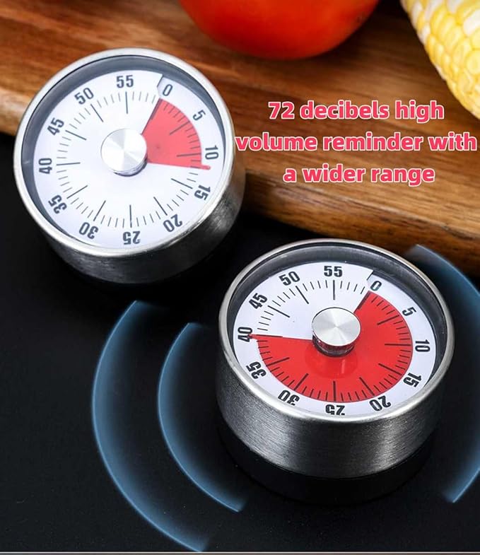 Mechanical Kitchen Timer, 60-Minute Wind Up Countdown Timer with Magnetic Back, Stainless Steel, Loud Alarm, Red White for Cooking Baking Classroom