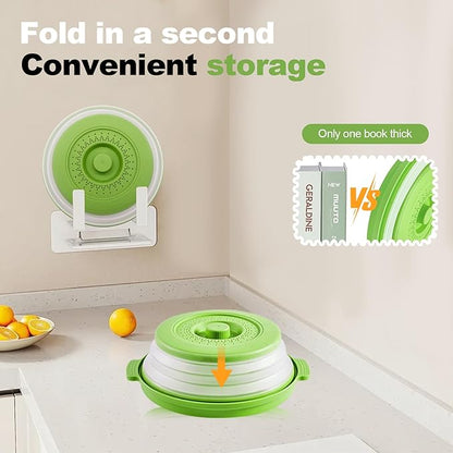 Microwave Splatter Cover 10.2 Inch, Collapsible Silicone Lid & Tray with Handles, Fits Standard & Compact Microwaves, Vented Splash Guard for Food, BPA-Free & Dishwasher Safe