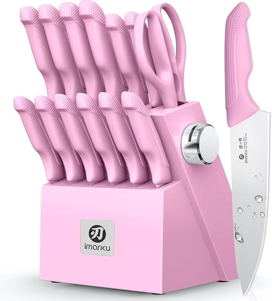 imarku Pink Kitchen Knife Set - 14-Piece Stainless Steel Knife Set with Block and Build-in Sharpener, Gift for Women, Anti-Slip Handle, Dishwasher Safe by imarku