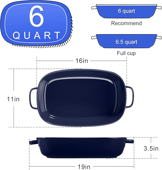 6 Quart Large Rectangular Baking Dish, 16x11 Inches Ceramic Baking Pan Casserole Dish for Cooking,Kitchen and Daily Use, Safe for Oven Microwave Refrigerator Disinfection Cabinet and Dishwasher,Blue - Image 3