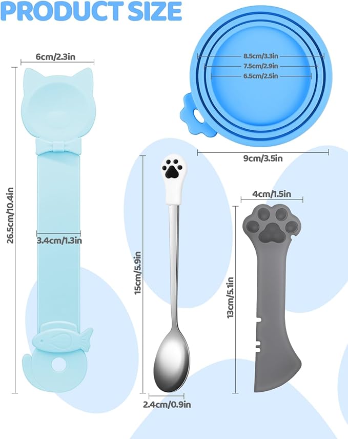 5 PCS Cat Food Can Covers Lids Set, Silicone Pet Food Can Lids with Multi-Function Cat Food Spoon and Opener, Cat Bar Squeezer, Stainless Steel Wet Food Spoon for Cats and Dogs (Blue)