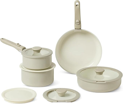 Amazon Basics Ceramic Nonstick Cookware Set with Detachable Handles, 11-Piece Stackable, All Cooktop Friendly, Dishwasher-Safe, Includes Saucepan, Frying Pan, Glass and Plastic Lids, Linen Gray