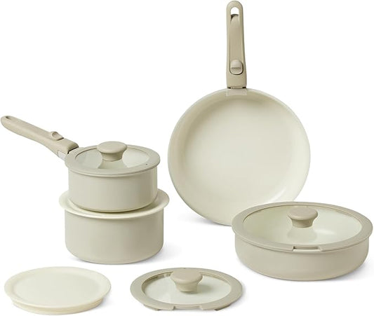 Amazon Basics Ceramic Nonstick Cookware Set with Detachable Handles, 11-Piece Stackable, All Cooktop Friendly, Dishwasher-Safe, Includes Saucepan, Frying Pan, Glass and Plastic Lids, Linen Gray