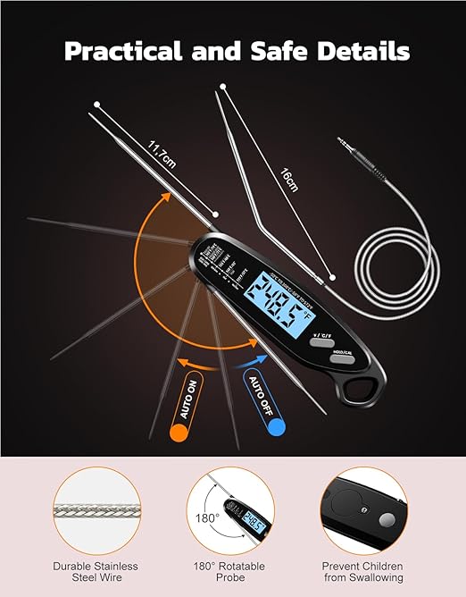 Instant Read Meat Thermometer Digital with Dual Probe, Food Thermometer for Cooking & Grilling, Large Backlit & Calibration, Grill Thermometer for Outside/Kitchen/Oven//Smoker/BBQ/Baking, Black - Image 6