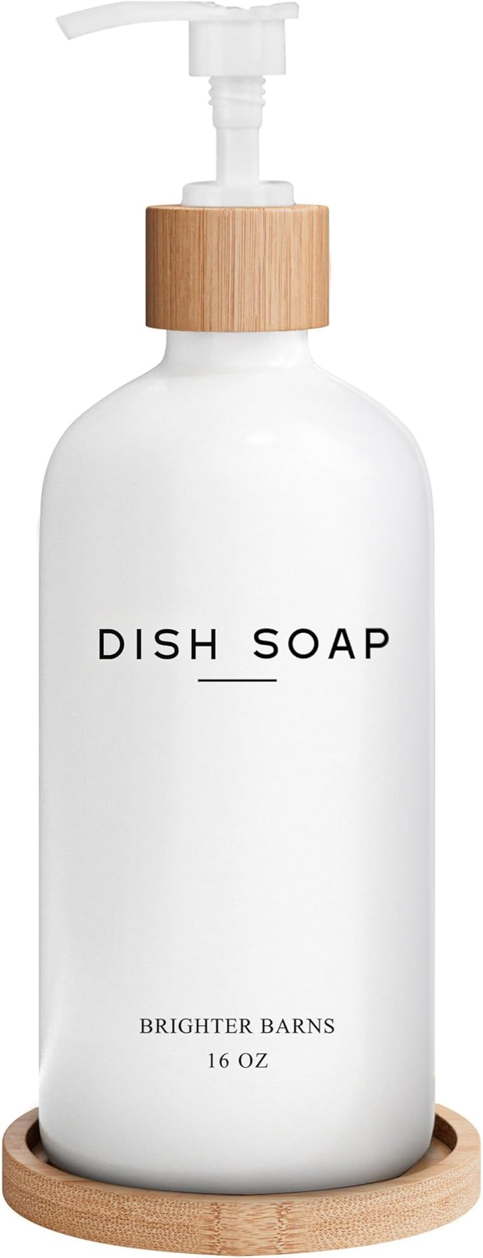 White Glass Dish Soap Dispenser for Kitchen Sink by Brighter Barns - Kitchen Soap Dispenser Set with Tray - Bamboo Pump Bottle - Neutral Minimalist Home Decor in RV, Office, Home, Airbnb, Gift (White) by BrighterBarns