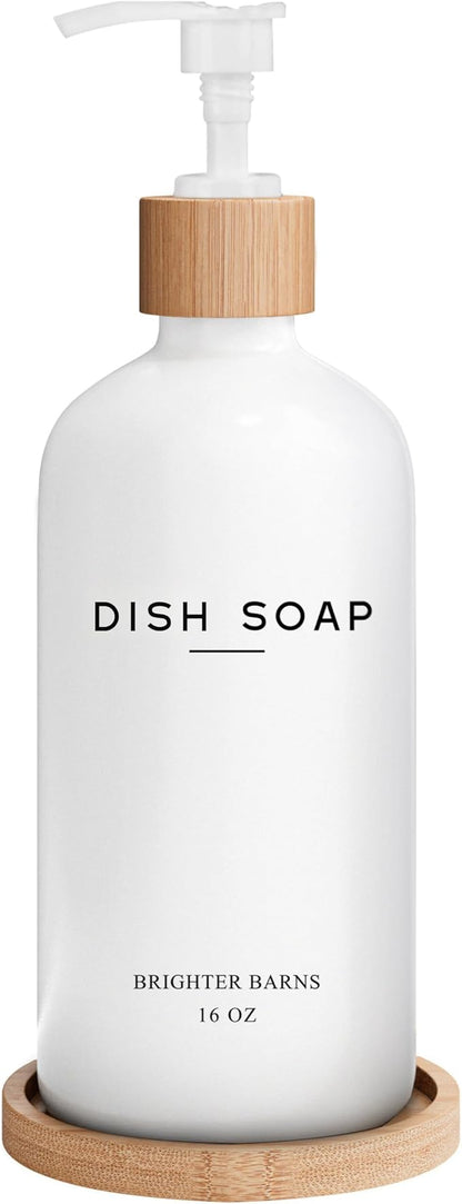 White Glass Dish Soap Dispenser for Kitchen Sink by Brighter Barns - Kitchen Soap Dispenser Set with Tray - Bamboo Pump Bottle - Neutral Minimalist Home Decor in RV, Office, Home, Airbnb, Gift (White) by BrighterBarns