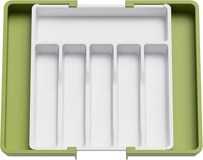 Lifewit Silverware Drawer Organizer, Expandable Utensil Tray for Kitchen, BPA Free Flatware and Cutlery Holder, Adjustable Plastic Storage for Spoons Forks Knives, 13-22 x 15", Green&White by Lifewit