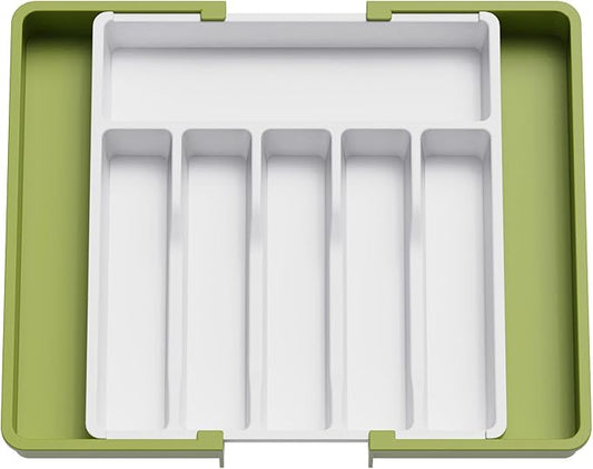 Lifewit Silverware Drawer Organizer, Expandable Utensil Tray for Kitchen, BPA Free Flatware and Cutlery Holder, Adjustable Plastic Storage for Spoons Forks Knives, 13-22 x 15", Green&White by Lifewit