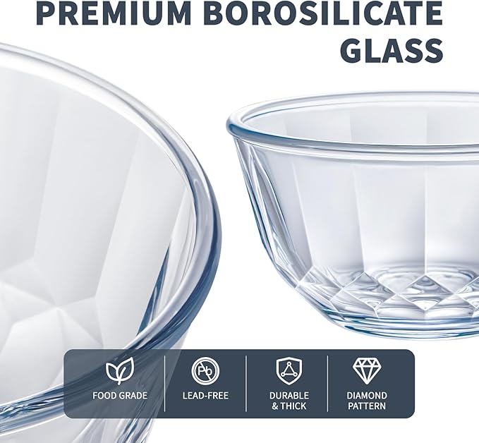 Luvan Glass Mixing Bowls with Lids Set of 5(0.85qt,1.11qt,1.69qt,2.85qt,4.7qt), Large Salad Bowl with Diamond Pattern & Grey Transparent Lids, Kitchen Clear Mixing Bowl for Serving Baking Prep Storage - Image 2
