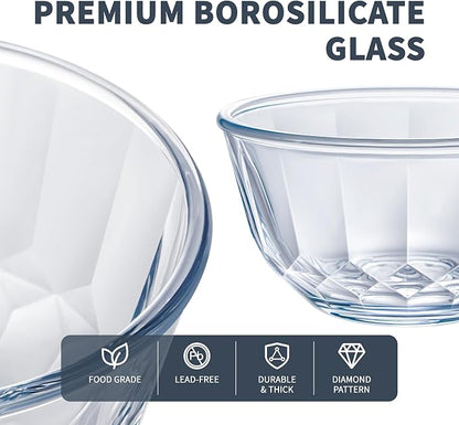 Luvan Glass Mixing Bowls with Lids Set of 5(0.85qt,1.11qt,1.69qt,2.85qt,4.7qt), Large Salad Bowl with Diamond Pattern & Grey Transparent Lids, Kitchen Clear Mixing Bowl for Serving Baking Prep Storage - Image 2