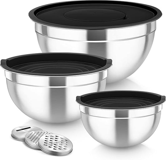 TeamFar Mixing Bowls, Stainless Steel Nesting Salad Bowls with Lids Set of 3 & 3 Grater Attachments, For Mixing/Serving/Storing, Non-toxic & Long-lasting, Size 4.6/3 / 1.5 QT, Black by TeamFar