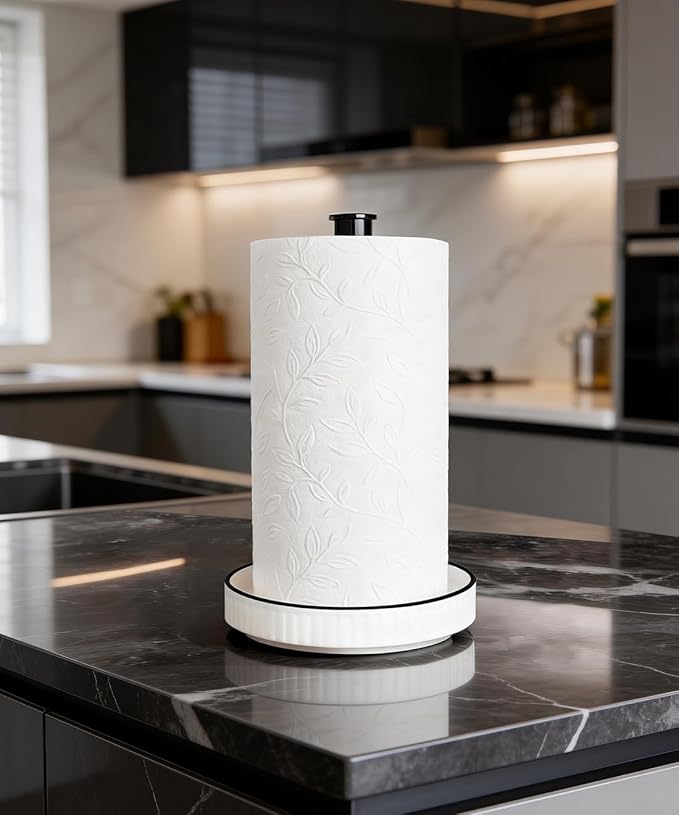 VROOMIUM Paper Towel Holder Countertop, Gold and Ceramic Base Easy-to-Clean, Fits Double to Family Rolls, Elegant and Durable Kitchen Roll Stand, Farmhouse White