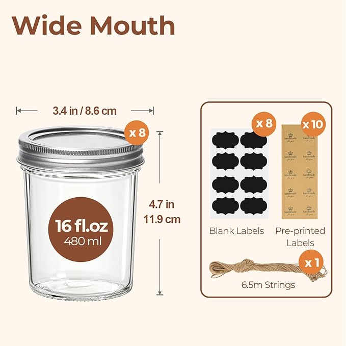 ComSaf Wide Mouth Mason Jars 16oz - 8 Pack, Pint Mason Jars with Lids and Seal Bands, Glass Canning Jars for Pickling, Jam, Jelly, Honey, Salad, Desert, Shower Wedding Favors, DIY Candles Decor - Image 2