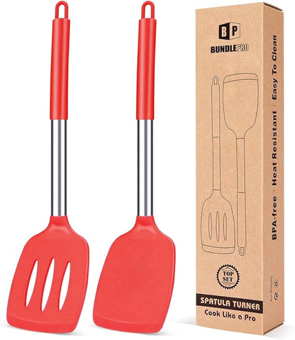 Pack of 2 Silicone Solid Turner, Non Stick Slotted Kitchen Spatulas, High Heat Resistant BPA Free Cooking Utensils, Ideal Cookware for Fish, Eggs, Pancakes(Red) by BUNDLEPRO