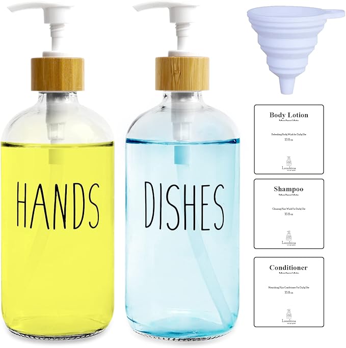 LOOCHICA 2 Pack Clear Glass Soap Dispenser with Plastic Pump, Transparent Dish and Hand Soap Dispenser Set, Refillable Reusable Apothecary Soap Pump Dispenser Bottles for Bathroom and Kitchen by Loochica