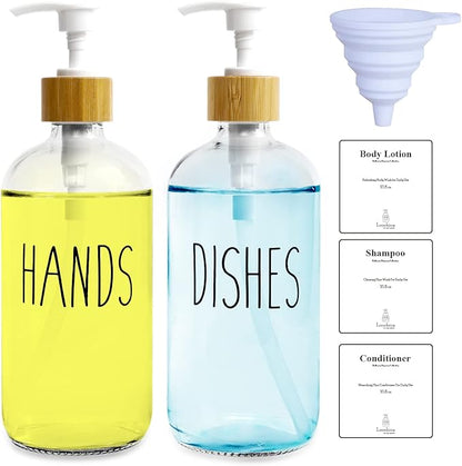 LOOCHICA 2 Pack Clear Glass Soap Dispenser with Plastic Pump, Transparent Dish and Hand Soap Dispenser Set, Refillable Reusable Apothecary Soap Pump Dispenser Bottles for Bathroom and Kitchen by Loochica