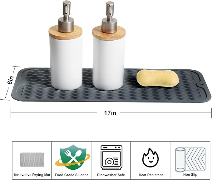 ZLR 2 Pcs Silicone Sponge Holder & Sink Caddy Tray (6" x 17") - Narrow Dish Drying Mat for Kitchen Counter - Waterproof Soap Dispenser Organizer, Non-Slip Bathroom Vanity Tray (Dark Gray) - Image 2