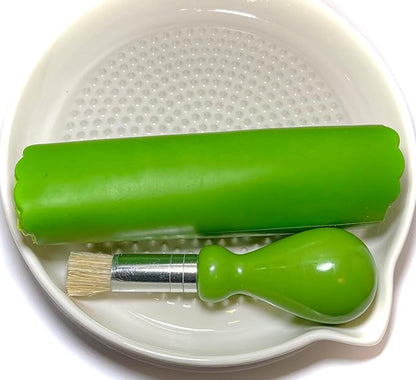 BonCera, Premium Ceramic Garlic Grater Plate 3-Piece Set - White Modern Design and Style - For Garlic, Ginger, Chocolate, and more! - Comes with 6.5" Plate, Peeler, and Brush